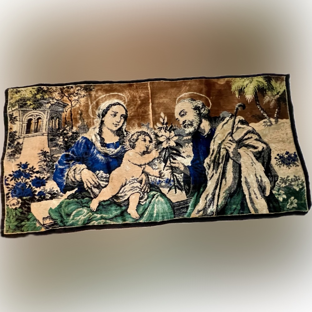 Antique Made in Italy Woven Tapestry Joseph Mary Baby Jesus Wall Decor Religious